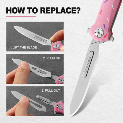 Mini Slim Folding Scalpel，Scalpel Pocket Knife with 10pcs #60 Replaceable Razor Blades,G10 Handle EDC Utility Knife with Liner Lock,Pocket Clip，Gift for Men Women（Donut）