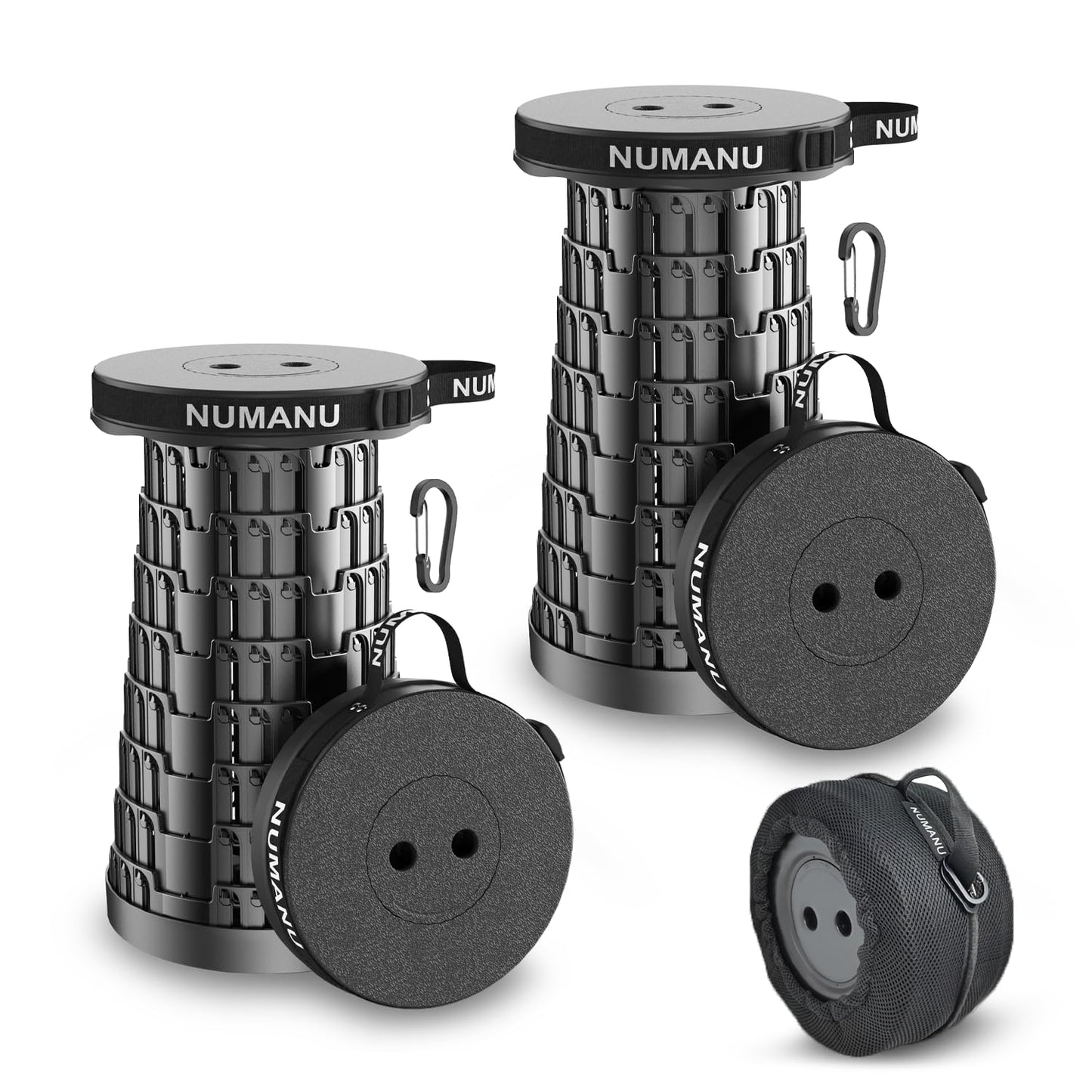 NUMANU 2-Pack 2025 Upgraded Collapsible Stool & Dual Carry Bag + Clips, Max 620lb Portable Folding Stool, Height Adjustable Retractable Telescopic Seat, Travel Chair, Foldable Camping Seat or Footrest