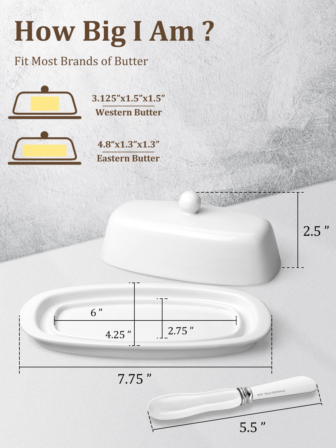 Yedio Ceramic Butter Dish with Lid and Knife for Countertop Refrigerator, 8 Inch White Butter Holder with Porcelain Cover Knob Handle for East West Coast Butter Stick