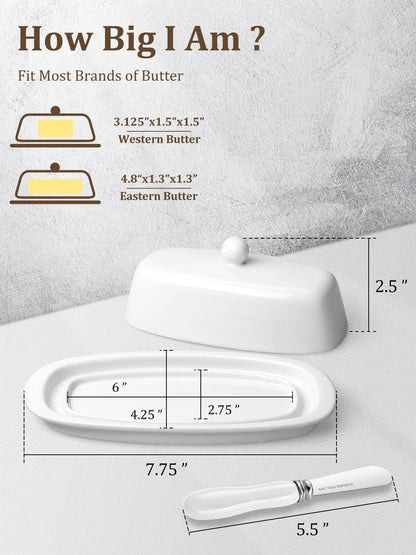 Yedio Ceramic Butter Dish with Lid and Knife for Countertop Refrigerator, 8 Inch White Butter Holder with Porcelain Cover Knob Handle for East West Coast Butter Stick
