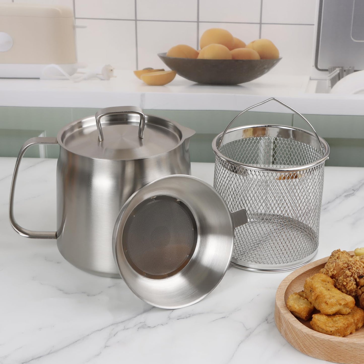 50oz 304 Stainless Steel Oil Filter Pot, Heavy Duty Bacon Grease Container & Deep Fryer Basket, Large Capacity Multi-function Oil Filter Vessel with Strainer for Kitchen Storing Frying Cooking Grease