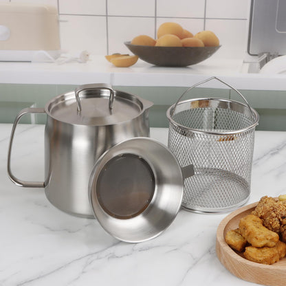 50oz 304 Stainless Steel Oil Filter Pot, Heavy Duty Bacon Grease Container & Deep Fryer Basket, Large Capacity Multi-function Oil Filter Vessel with Strainer for Kitchen Storing Frying Cooking Grease