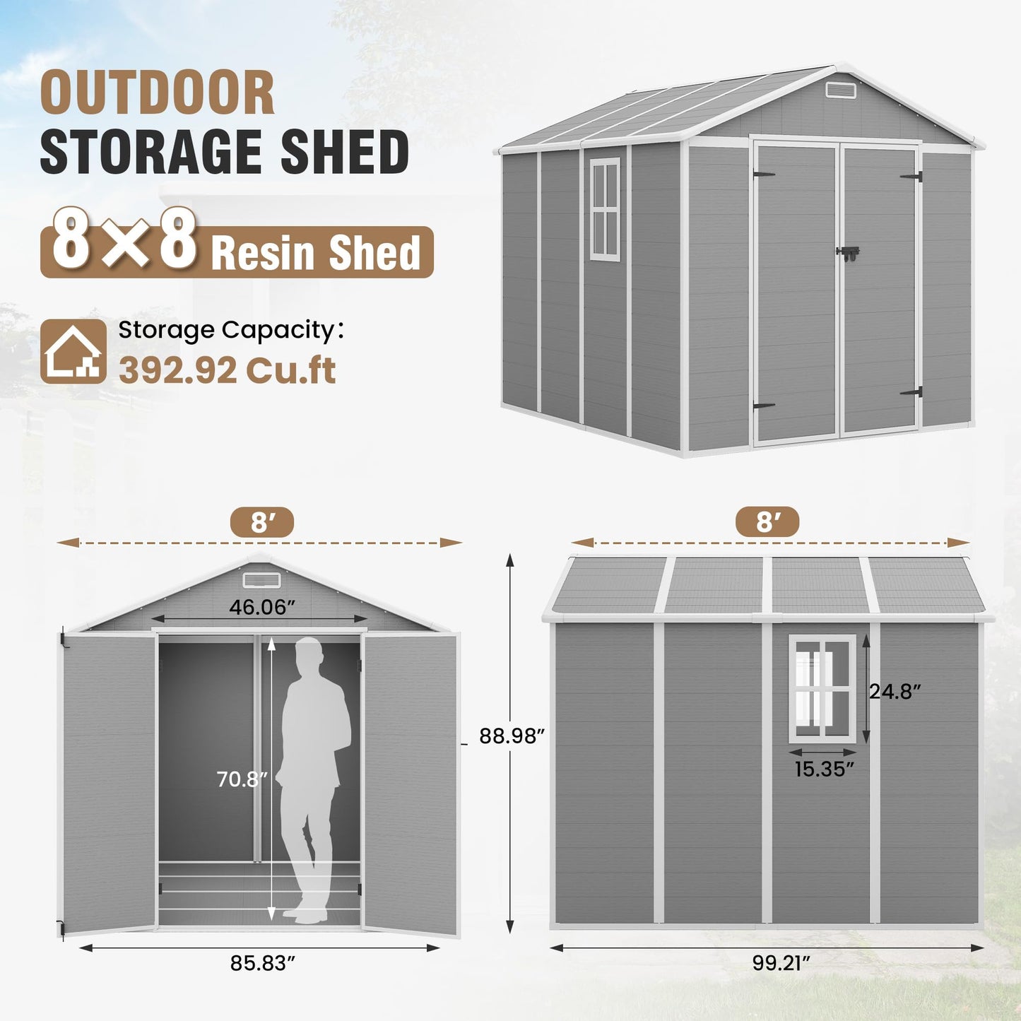 Amopatio 8x8 FT Resin Storage Shed, Outdoor Shed with Floor Included, Plastic Storage Sheds for Bike, Garden Tools, Sheds & Outdoor Storage with Lockable Door, Window & Vents, Grey & White