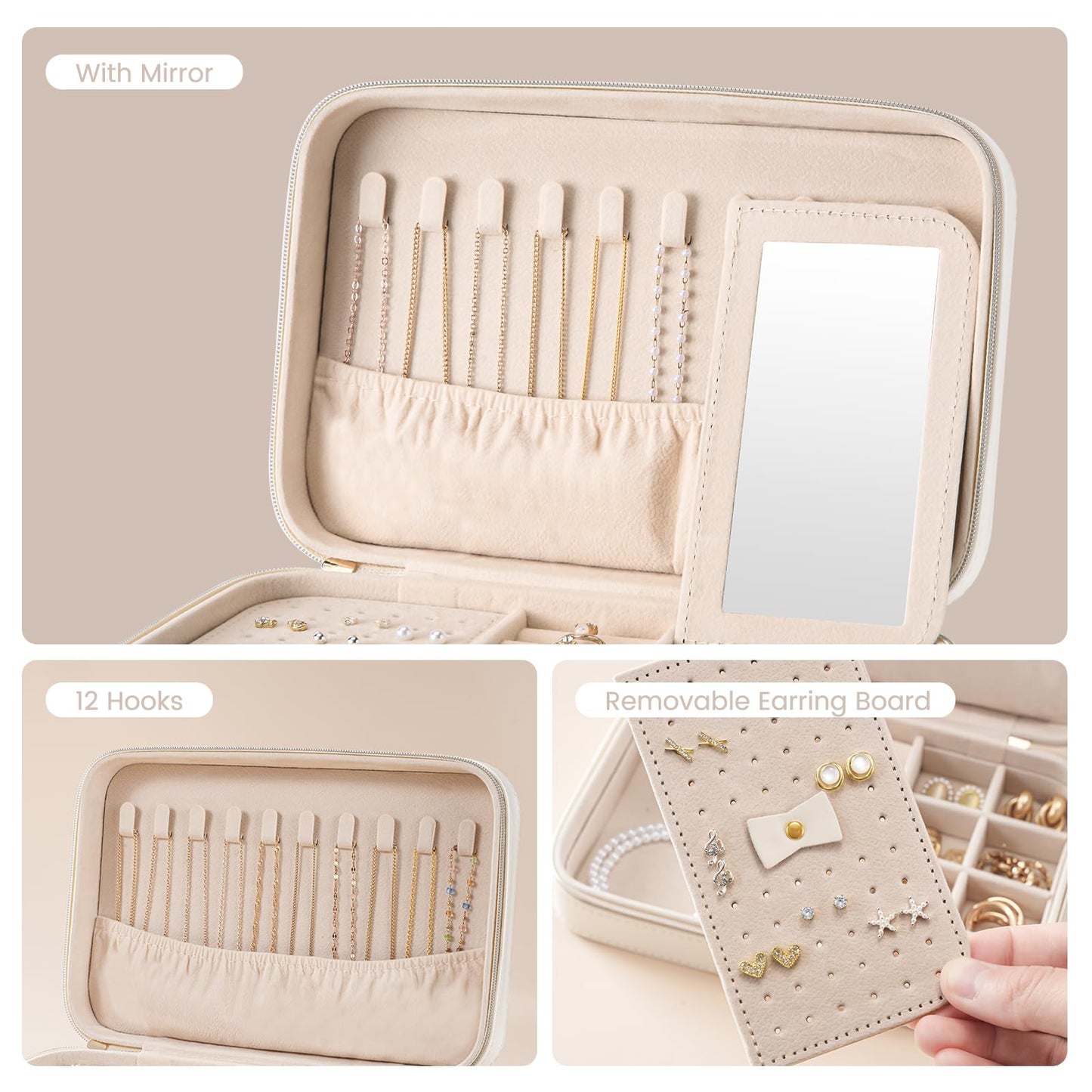 Lolalet Travel Jewelry Case for Women Girls, Travel Jewelry Organizer Box with Mirror & Clear Storage Bag, Small Portable Earring Necklace Bracelet Ring Case, Birthday Valentine Gifts -Medium, White