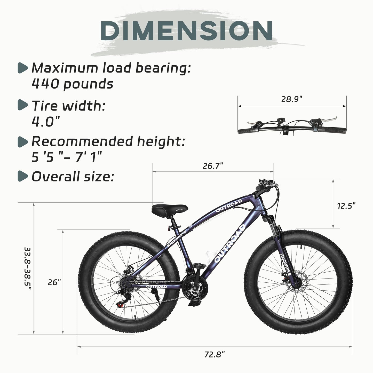 Outroad Mountain Bike Fat Tire with 4-Inch Tire 26 inch Wheels, 21 Speed with High Carbon Steel Frame, Double Disc Brake and Front Suspension Anti-Slip Bikes, Purple