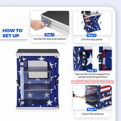 EAGLE PEAK Outdoor Folding Camping Table with Large 3-Tier Storage Organizer and Side Pockets, Easy Set Up Portable Aluminum Camping Kitchen, American Flag