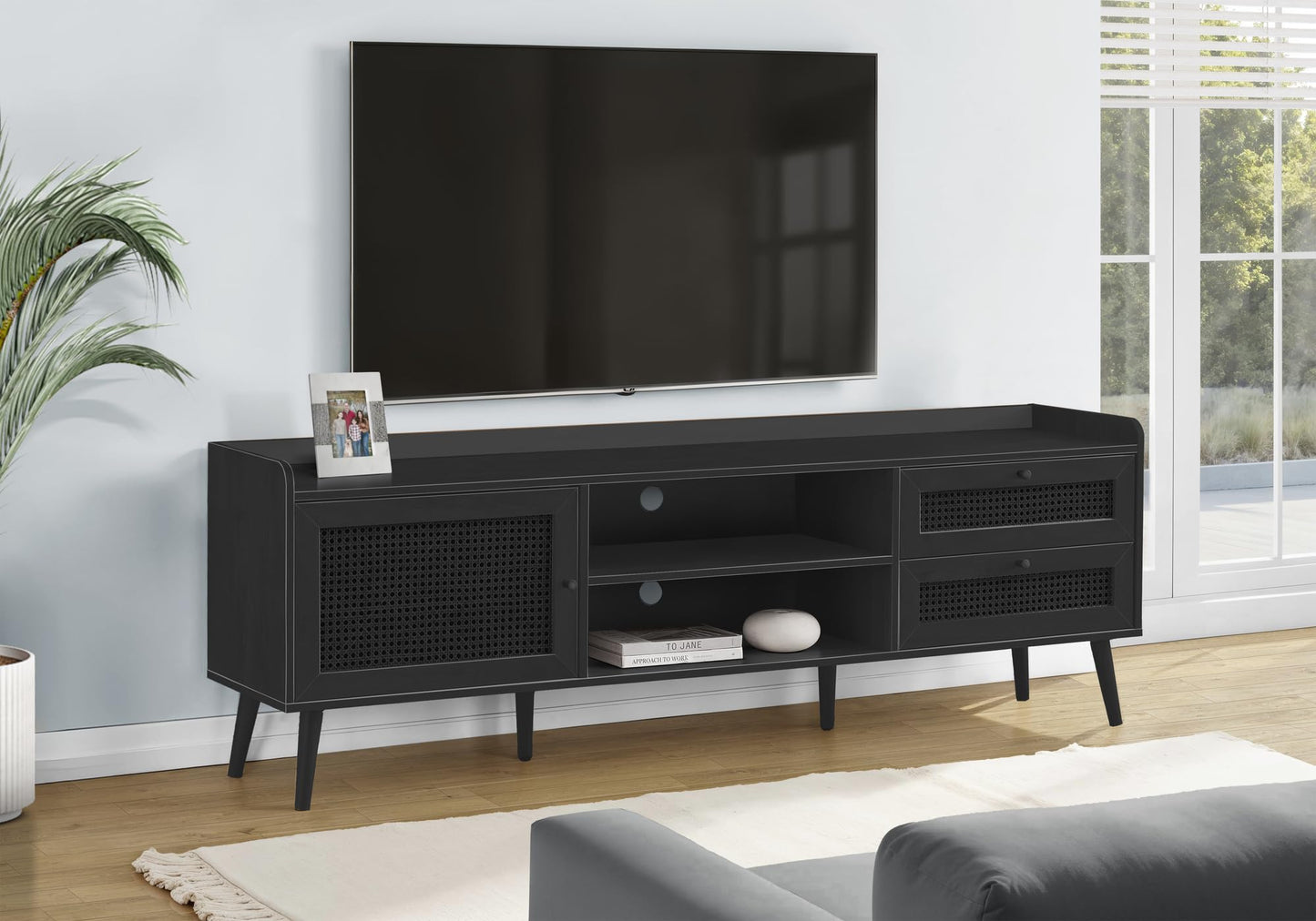 Monarch Specialties I 2724 Tv Stand, 72 Inch, Console, Media Entertainment Center, Storage Cabinet, Living Room, Bedroom, Black Laminate, Wood Legs