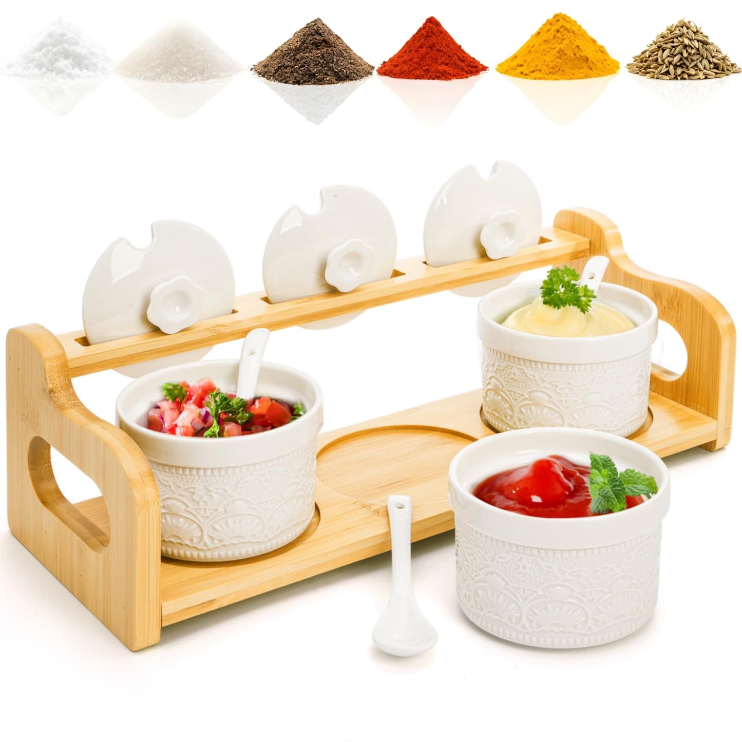 Acshio 10 Pack Sauce Serving Dish, 5 Oz Ceramic Chip Dip Sauce Bowls with Spoons Lids for Party, 3 Condiment Seasoning Jars with Bamboo Tray for Snacks, Appetizers, Sauces