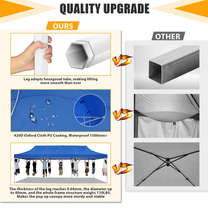 COBIZI 10x30 Heavy Duty Pop up Canopy Tent for Parties with 8 Sidewalls, Easy Setup Outdoor Commercial Gazebo for Wedding Event, Party Tent with Portable Bag & Sand Bags, Blue
