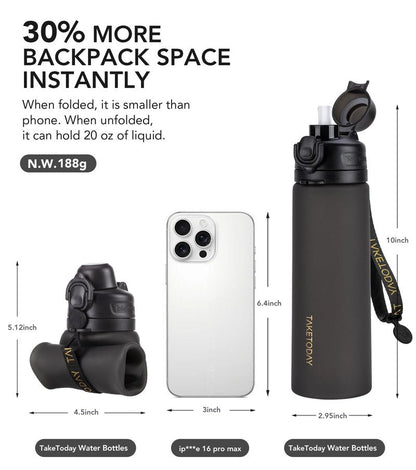 TakeToday Collapsible Water Bottles 21oz (2 pack), Foldable Platinum Silicone Travel Water Bottle with Straw & Carry Strap, Leak-Resistant Screw Lid, Wide Mouth, BPA-Free for Hiking, Camping, Travel