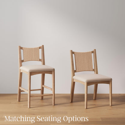 Nathan James Elodia Upholstered Dining Chair with Seagrass Back Solid Wood Modern Dining Room Chair with Natural Flax Upholstery, Light Brown