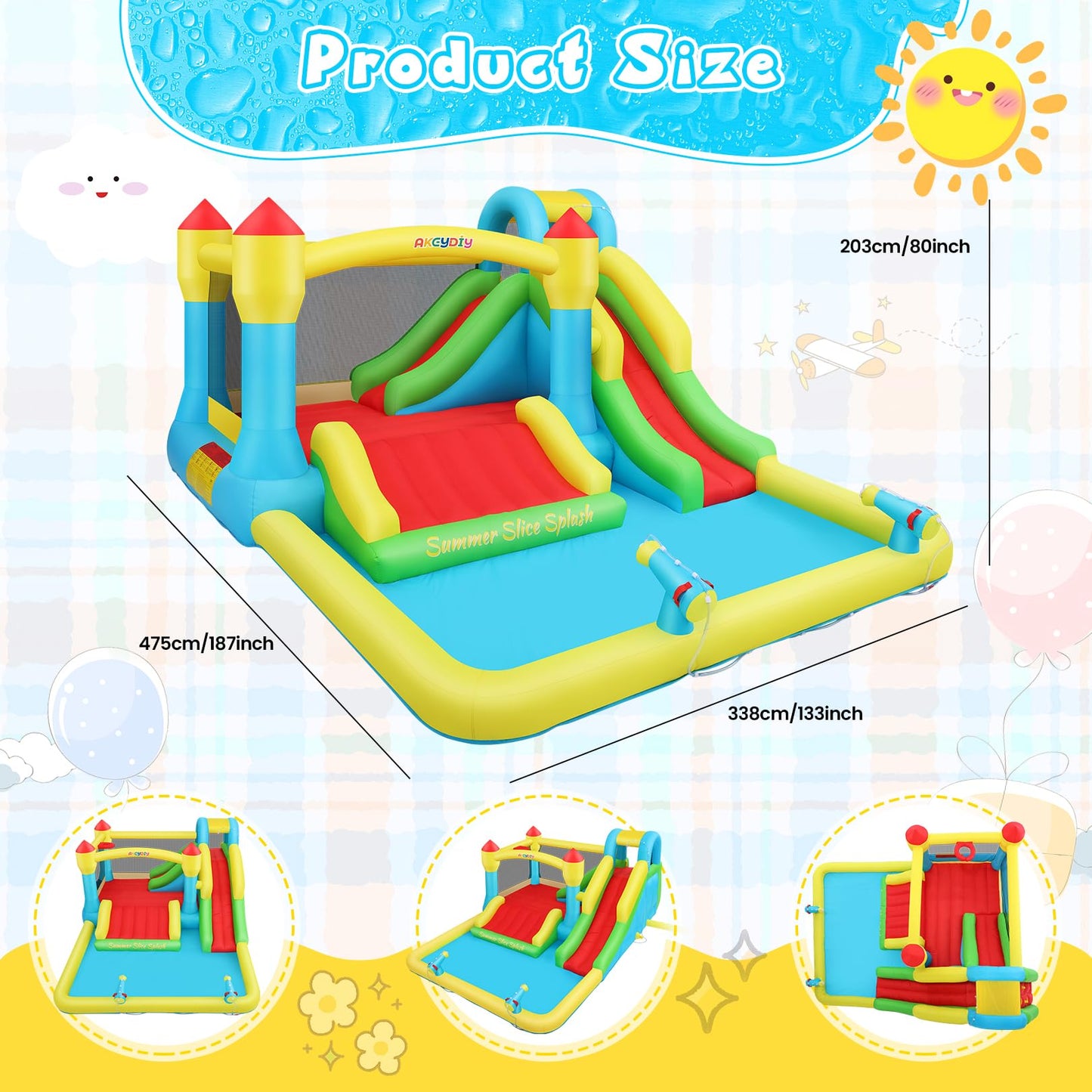 AKEYDIY Bounce House Water Slide for Kids 3-12 - Outdoor/Indoor Inflatable Water Bounce House with 3 Slides, Climbing Wall, Ball Pit & Jumping Area - Water Bouncy House Includes Blower (15.6ft x 11ft)