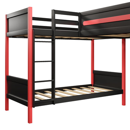 Merax L-Shaped Twin Size Triple Bunk Bed for 3 People, Wood Gaming Loft Bed with Built-in Desk, Shelves, Lights and Full-Length Guardrails, Black+Red