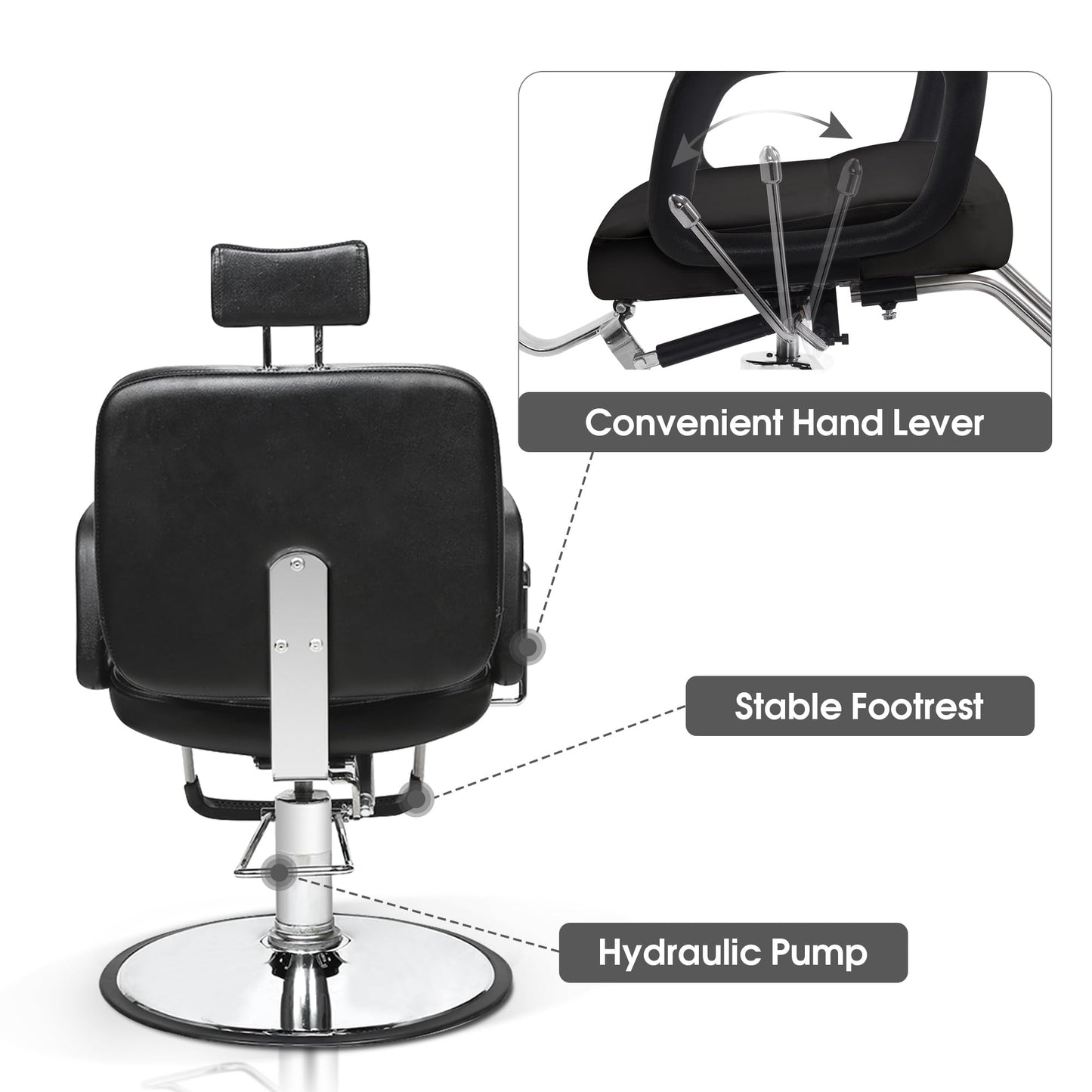 BarberPub Reclining Hydraulic Barber Chair, Salon Beauty Spa Shampoo Equipment, PVC Leather, Adult 2059 (Black)