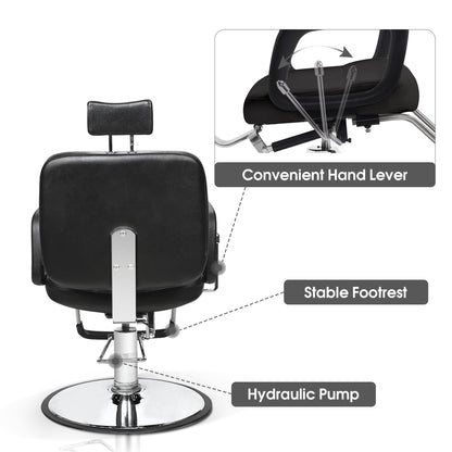 BarberPub Reclining Hydraulic Barber Chair, Salon Beauty Spa Shampoo Equipment, PVC Leather, Adult 2059 (Black)