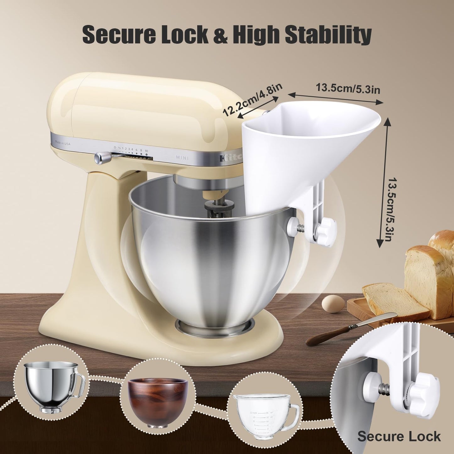 WANLISS Flour Funnel for Kitchen Aid Mixer,KitchenAid Accessories and Attachments for Multiple Stand Mixers 3.2Qt-7Qt,Wide Mouth Pouring Chute Durable Dishwasher Safe Baking Mothers Day Gift for Women