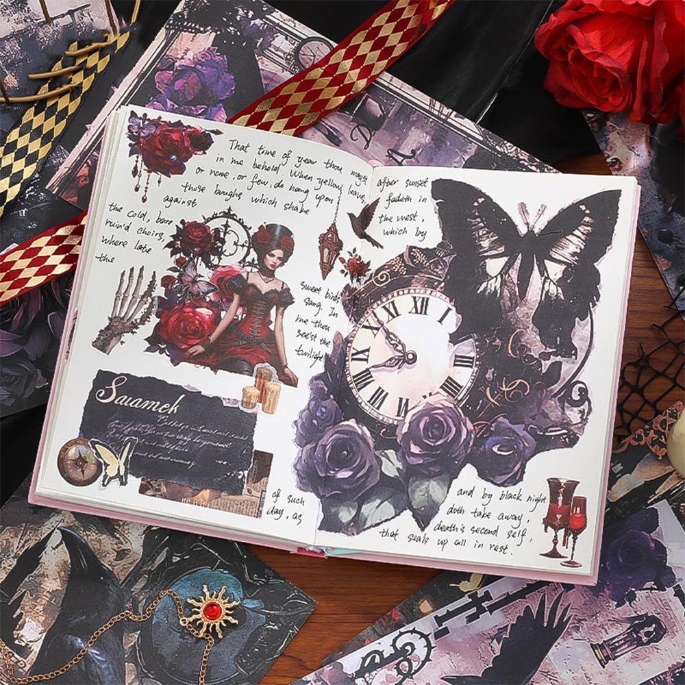 Diuhofart Halloween Stickers for Adults, 50 Sheets Precut Dark Aesthetic Gothic Scrapbook Washi Sticker Book for Junk Journal Supplies, Journaling, Scrap Book Suply