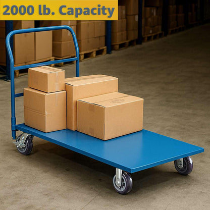 30" x 60" Steel Platform Truck - 2000 lb. Capacity with Removable Handle, Blue Utility Cart with Polyurethane Wheels and Brakes - Heavy-Duty Warehouse Dolly