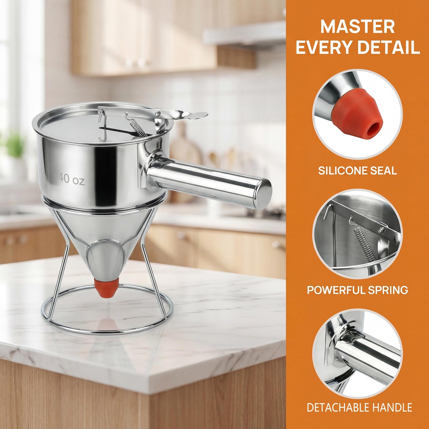 40oz 304 Stainless Steel Pancake Batter Dispenser With Dustproof Lid 4 Interchangeable Nozzles&Detachable Handle Perfect For Parent-Child Baking, Holiday Parties, Cupcakes Waffles。
