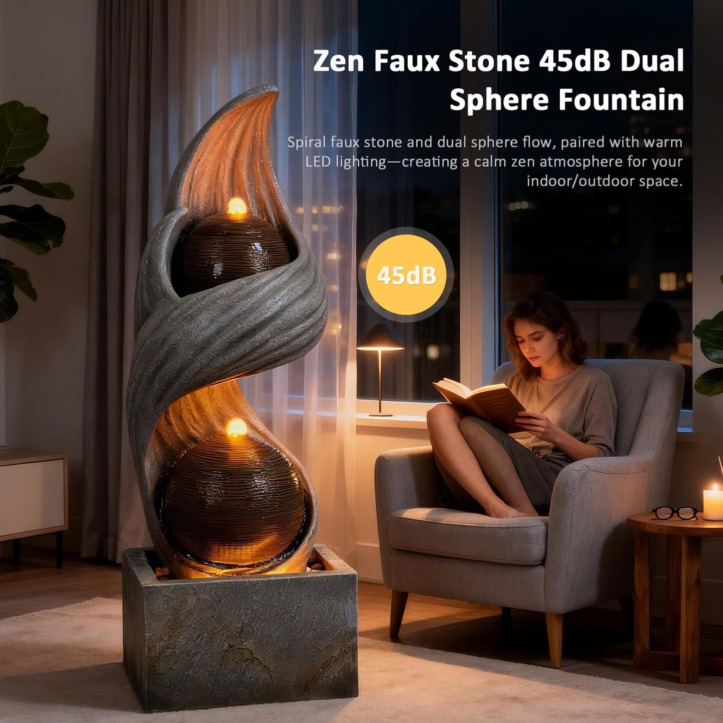 42.9"H Large Indoor Water Fountains,Modern Spiral Water Fountain Outdoor with Dual Spheres Zen Water Feature Floor Fountain with Light LED Waterfall for Outside Deck, Patio, Porch, Garden, Yard Decor