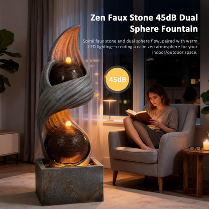 42.9"H Large Indoor Water Fountains,Modern Spiral Water Fountain Outdoor with Dual Spheres Zen Water Feature Floor Fountain with Light LED Waterfall for Outside Deck, Patio, Porch, Garden, Yard Decor