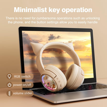 PHNIXGAM Cat Bluetooth Headphones, Wireless Headset with Mic, RGB LED Light Compatible with Mobile Phones PC Tablet, with 3.5mm Wired Mode for Audio Only, Beige