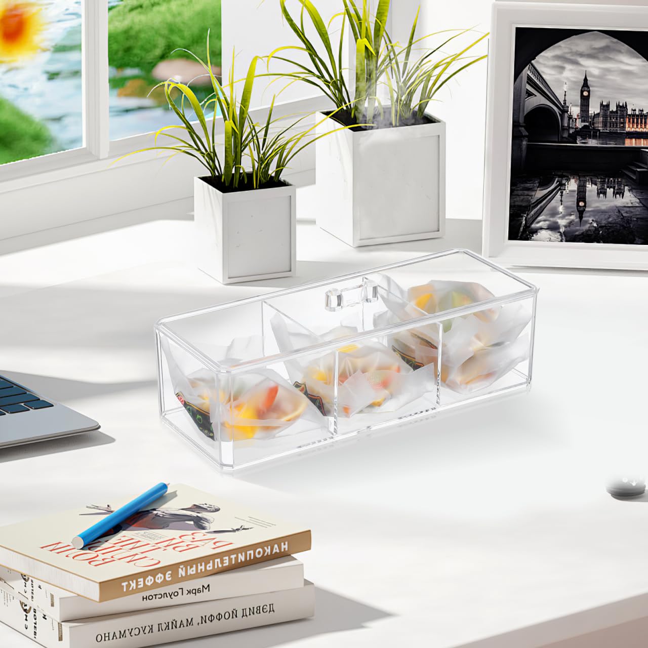 Unomor Tea Bag Organizer Box with Lid - Divided Acrylic Tea Storage Chest 9.17X3.74X3.26In Multi-Compartment Bag Holder for Kitchen Countertop Office and Home