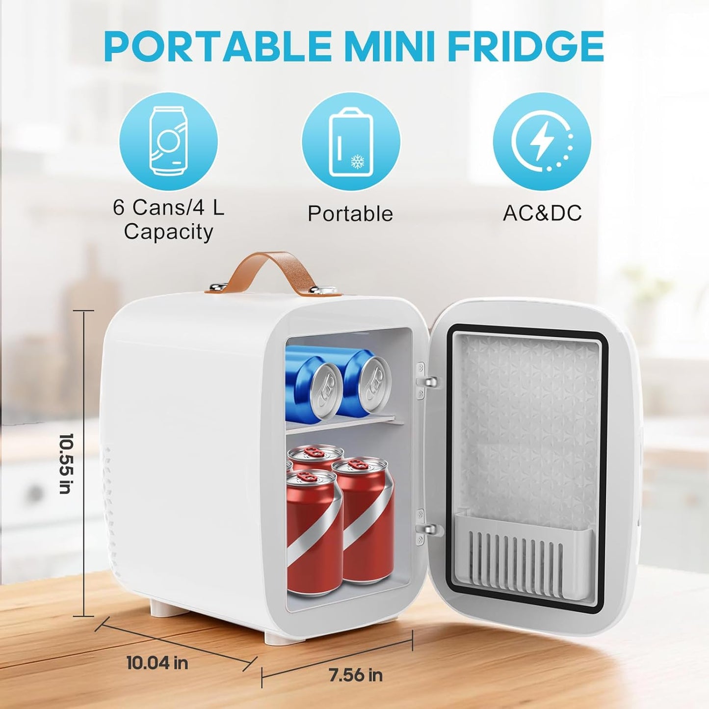 4L 6 110V Ac/12V DUMOS Mini Fridge for Bedroom, Compact Personal Fridge Cooler For Skincare, Drinks, And Snacks, Fits