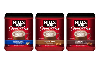 Hills Bros. Cappuccino Mix – Rich, Frothy Coffeehouse-Tasting Instant Drink Mix – Quick and Easy Preparation – Perfect for Hot & Iced Drinks & Creaming Coffee – Starter Variety Bundle, 3 Packs of 16oz