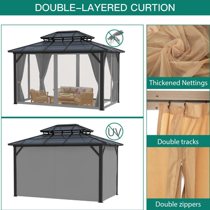 Hardtop Gazebo 10'x12' Double-Layer Polycarbonate Double Roof, Aluminum Frame Pavilion with Privacy Curtains and Netting All-Season for Patio, Garden, Hot Tub & Backyard