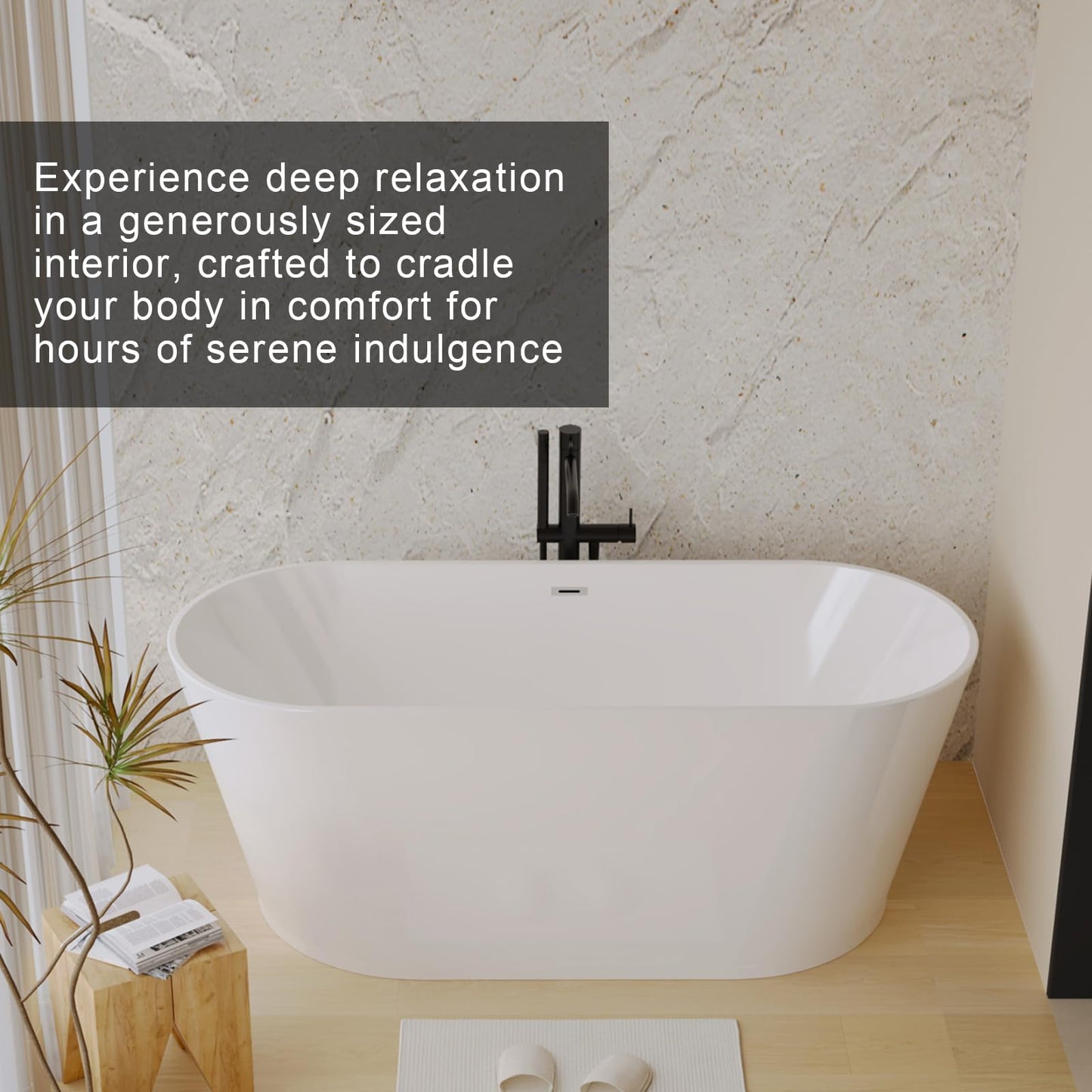 Zavdte 59'' Freestanding Acrylic Bathtub, Gloss White Stand Alone Soaking Tub with Toe-tap Chrome Drain, Double-Wall Insulation, CUPC Certified, Easy Install & Spacious Design