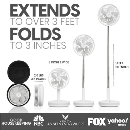 VENTY Portable Fan - Wireless Battery Operated Fan - 4 Speeds - LED Lighting - Carry Case & Remote Control - Cruise Travel - Outdoor Travel RV Power Bank With USB-C Port (White with Case)