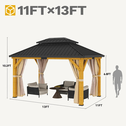 DWVO 11X13FT Gazebo Wood Outdoor Wooden Frame Double Roof Hardtop Galvanized Steel Top Canopy w/Curtain and Netting, Patio Heavy Duty for Deck, Backyard, Beige Yellow