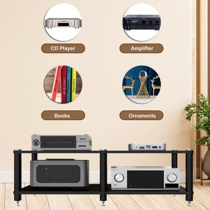 ZGZCQDSL 2 Tier Long AV Media Stand, Stereo Racks and Stands with Speaker Spikes, Components Cabinet Home Theatre CD Record Player Receiver Equipment Rack (Black, 2-Tier)