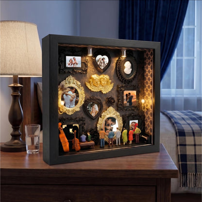 YXESO DIY Mini Museum Silhouette Box for Mother's Day, Shadow Box Frame with Gold Mini Picture Frames & People Figurines for Anniversary, Home Decor