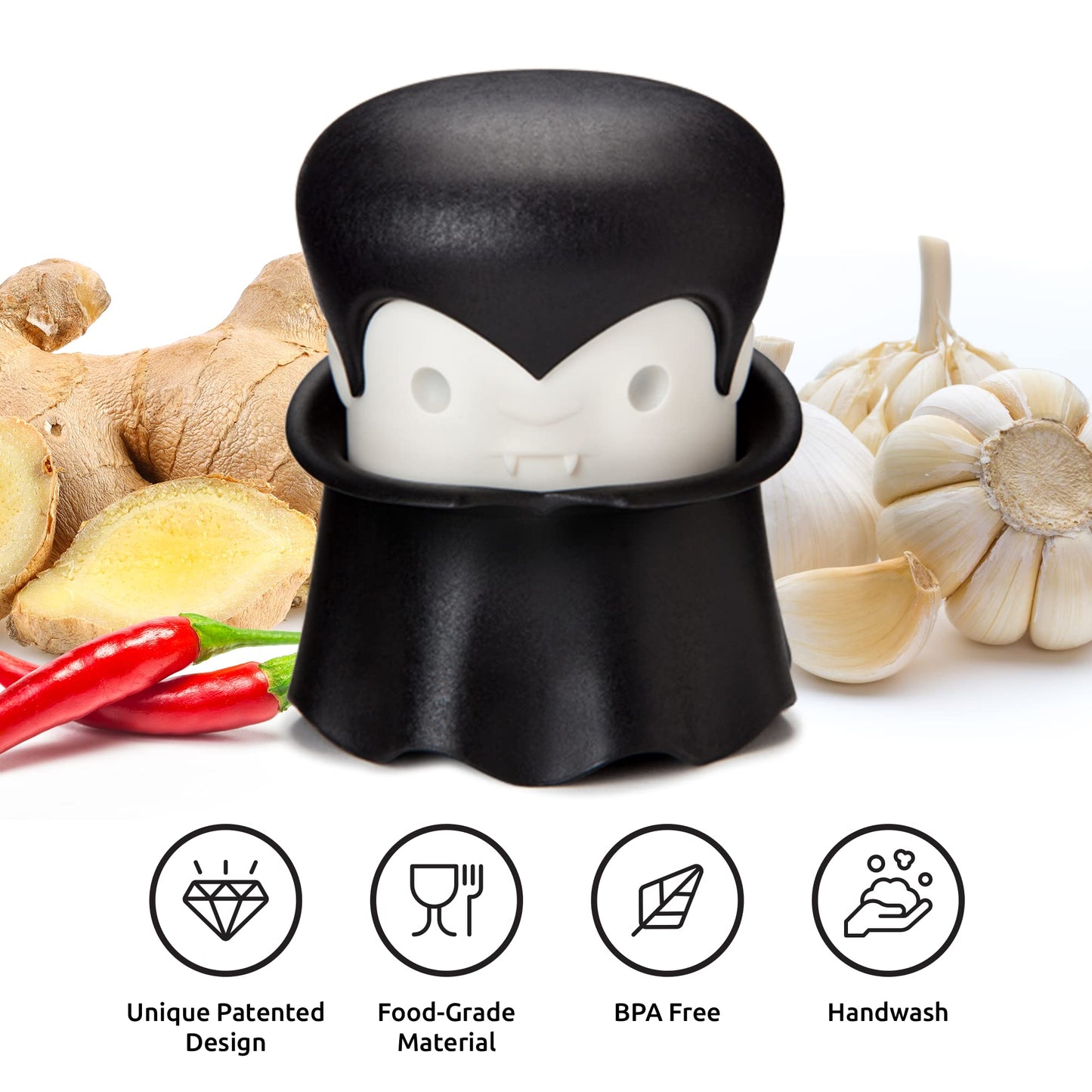 OTOTO Gracula Garlic Crusher, Garlic Mincer, Also for Ginger, Nuts, Chili, Herbs - Twist Top Mincer & Easy Squeeze Manual Press Peeler, Goth Gifts