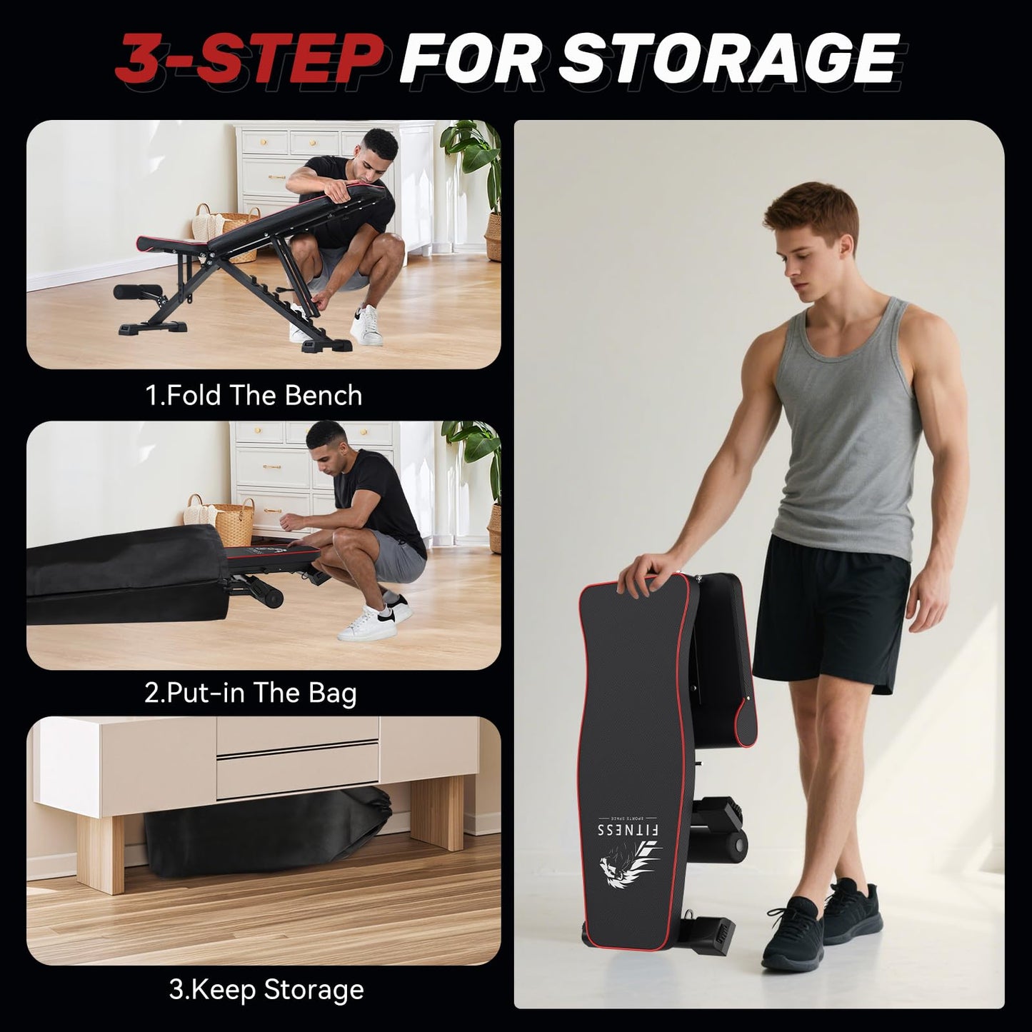 Dskeuzeew Weight Bench with Storage Bag, 7 Backrests Adjustable Bench Press Load 660LBS Weight Capacity, Incline Decline Flat Foldable Workout Bench for Home Gym Garage Strength Training