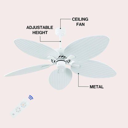 JONATHAN Y 52" White Metal Tropical Palm Leaf Blades Ceiling Fan Coastal Bohemian for Living Room Mobile App and Remote Control 6-Speed Sloped Ceiling Compatible JYL9719D