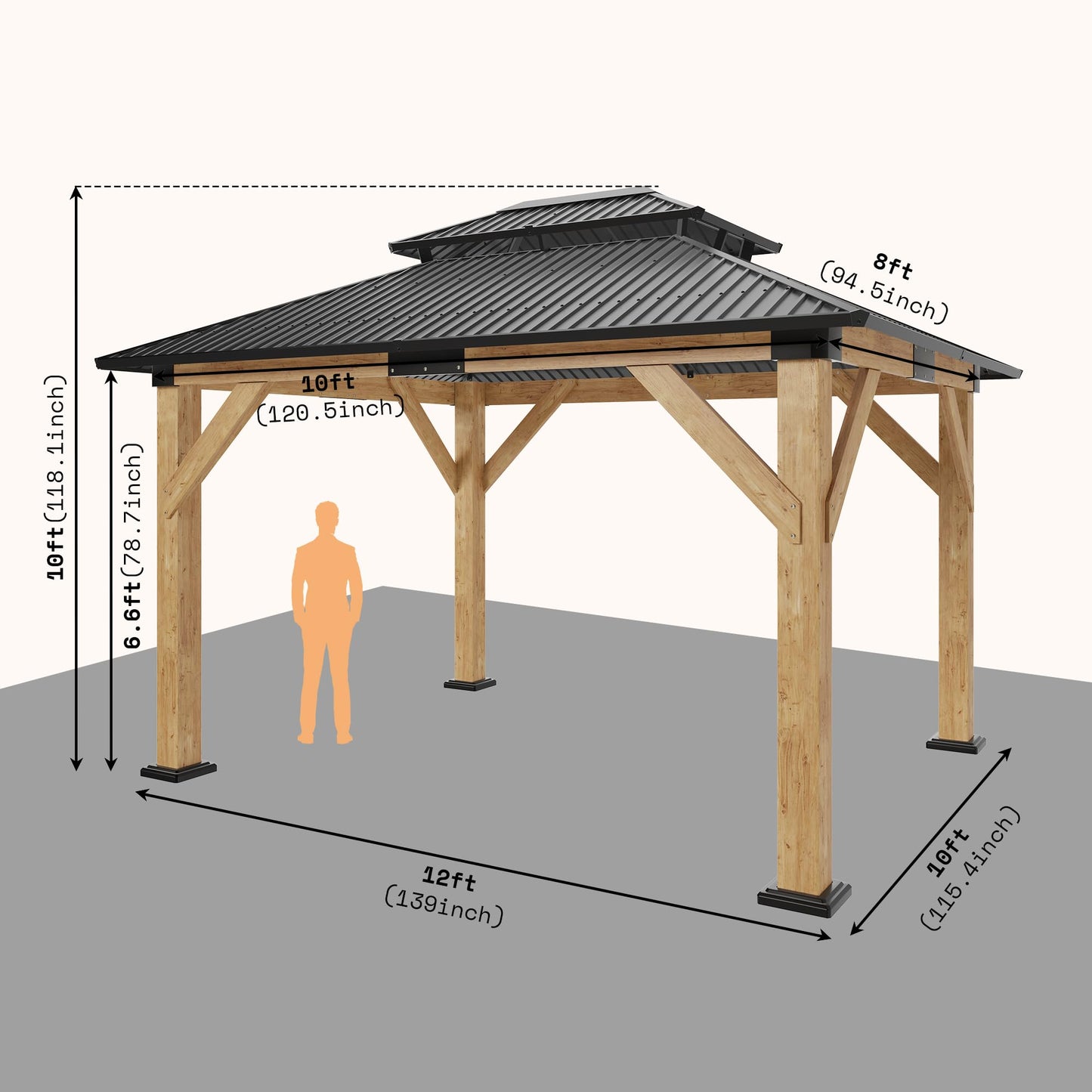 AMERLIFE 10x12 Spruce Wood Gazebo, Hardtop Gazebo with Aluminum Double Roof, Outdoor Pergola with Wood Frame for Parties, Backyard, Lawns, Patio