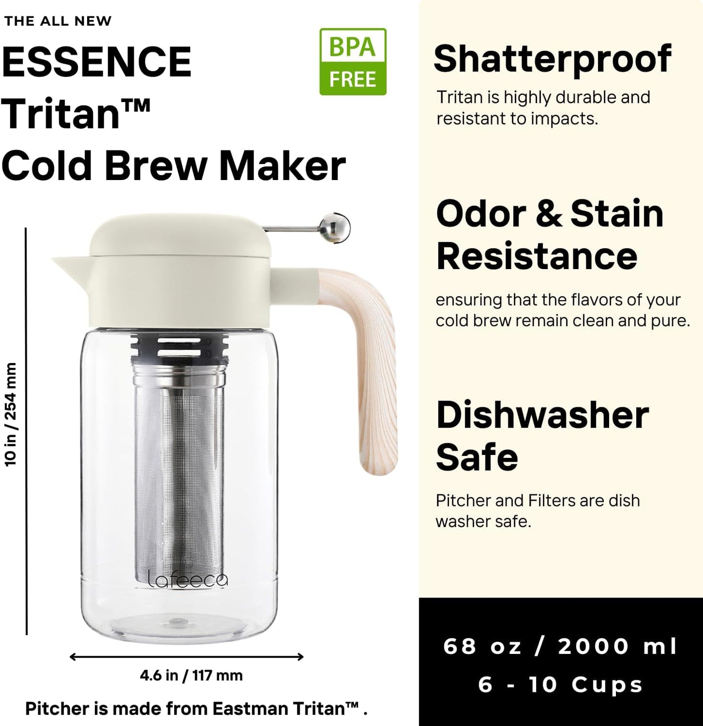 2000 ml 68 oz LAFEECA Iced Tea Maker and Infuser - Large Jug with Airtight Lid for Cold Brew - Stainless Dual Ultra