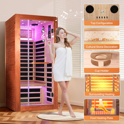 OUTEXER Sauna One Person Far Infrared Saunas Room African Mahogany Wood 1350W Dry Saunas Spa with 7 Starry Sky Light Wood Wax Oil on Outer Surface 35.4 * 35.4 * 70.9inch