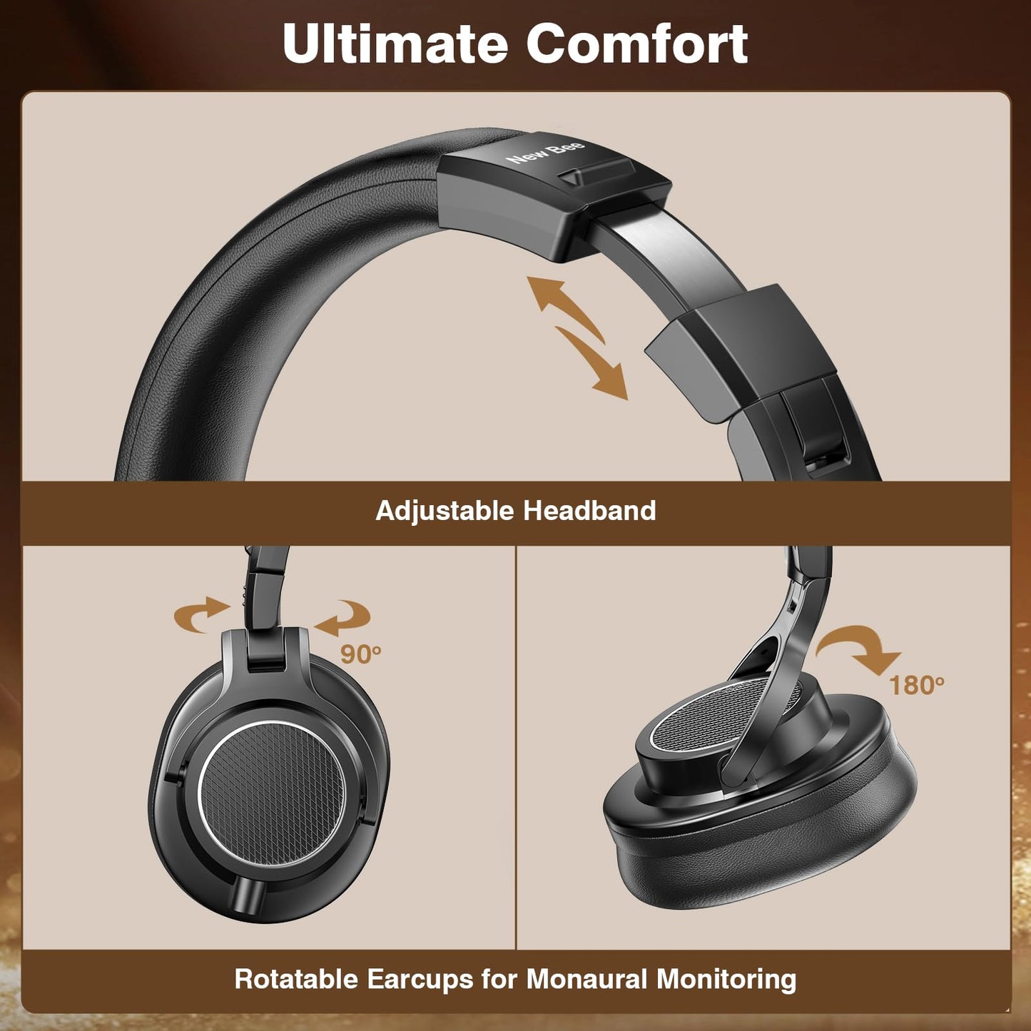 New Bee Wired Over Ear Headphones, Studio Headphones with 50mm Drivers and 6.35mm & 3.5mm Jack DJ Headphones for Studio Monitor & Mixing DJ Guitar AMP Podcast Piano Keyboard