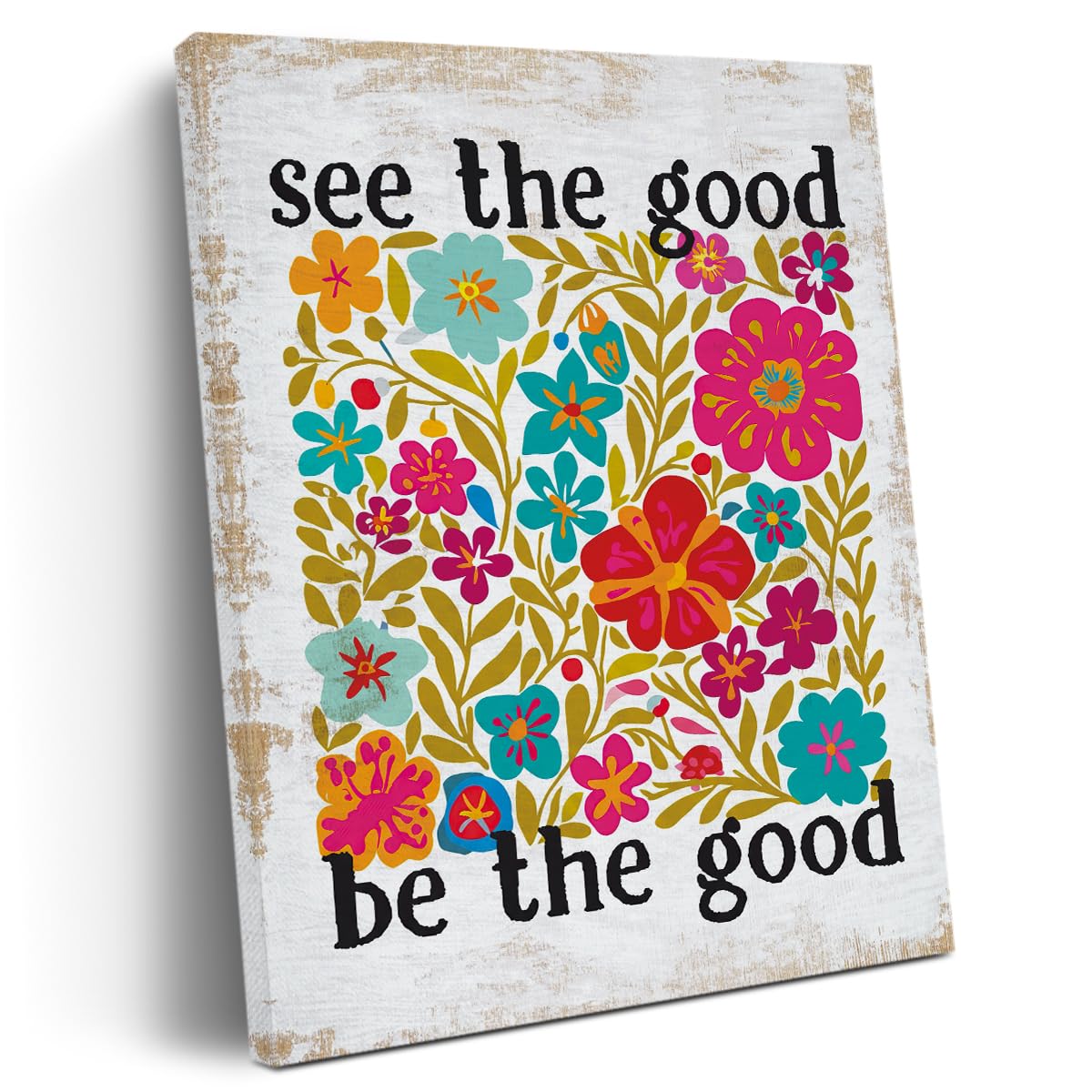 Inspirational Quotes Boho Retro Flower Canvas Wall Art Wall Decor, Mental Health Positive Framed Prints Poster Artwork for Home Office Farmhouse Bedroom Boys Girls Room,11.4x15IN, Ready to Hang