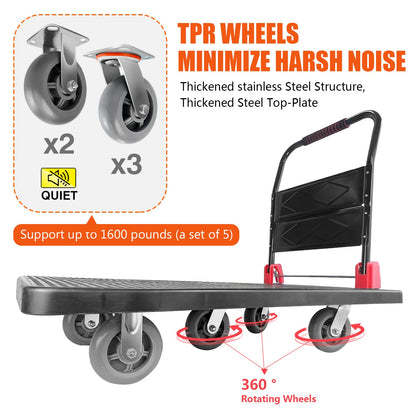 Platform Truck, Foldable Push Cart Dolly w/Five 360 Swivel 6'' Wheels, 1600LBS Capacity Heavy Duty Moving Platform Trucks Hand Cart for Groceries, Garage, Warehouse (43" L x25" W)