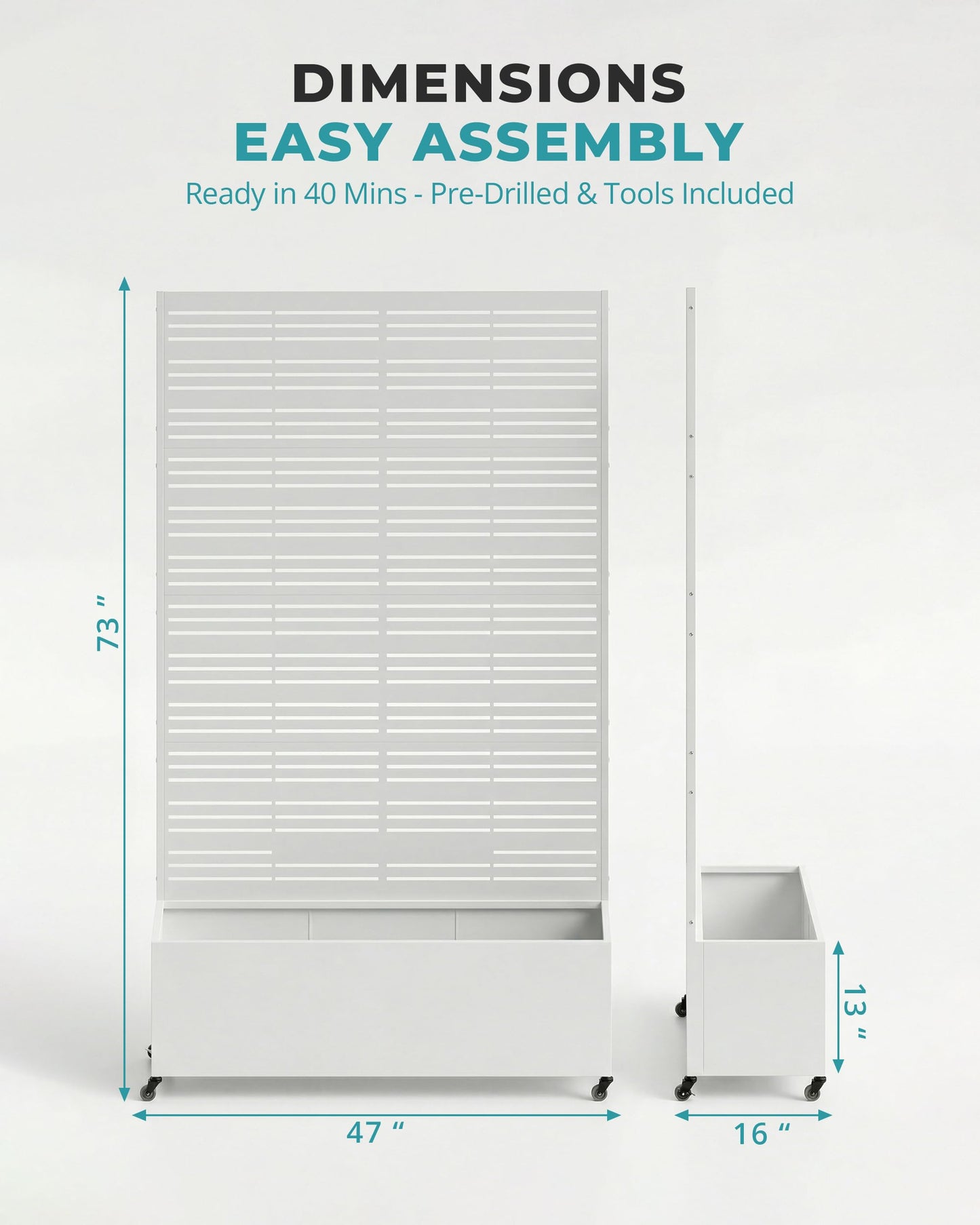 TinFrey Metal Raised Garden Bed with Trellis, 73"×47"×16" Louvered Privacy Screen Planter Box on Wheels with Drainage Holes, Easy Assembly Outdoor Planter for Patio, Deck, Balcony, Backyard - White