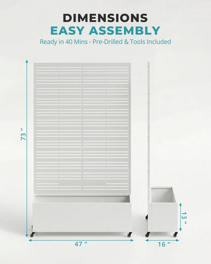 TinFrey Metal Raised Garden Bed with Trellis, 73"×47"×16" Louvered Privacy Screen Planter Box on Wheels with Drainage Holes, Easy Assembly Outdoor Planter for Patio, Deck, Balcony, Backyard - White