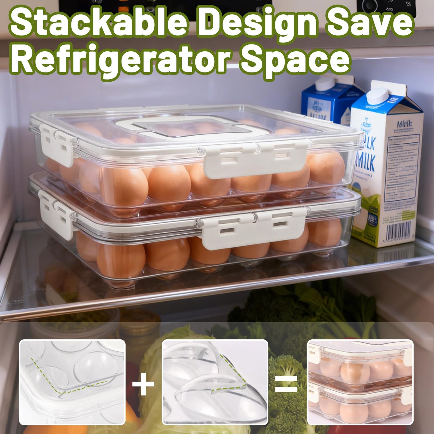 RoskDeewat Deviled Egg Containers with Lid, 2 Pack Thick Clear Plastic Deviled Carrier with Handle Storage 48 Eggs, Stackable Egg Holder Portable Tray Platter for Fridge, Travel, Party-White