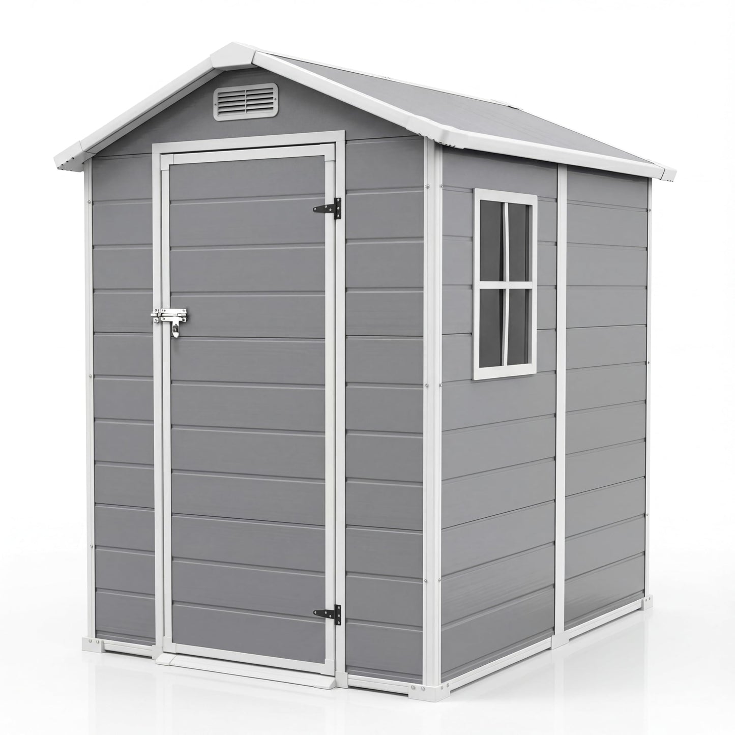 Outdoor Storage Shed with Floor, Plastic Resin Garden Shed with Window & Sloping Roof & Lockable Door for Patio Backyard Garden, Lawn Mower, Bike, Tool Storage (Light Gray, 4' x 6')