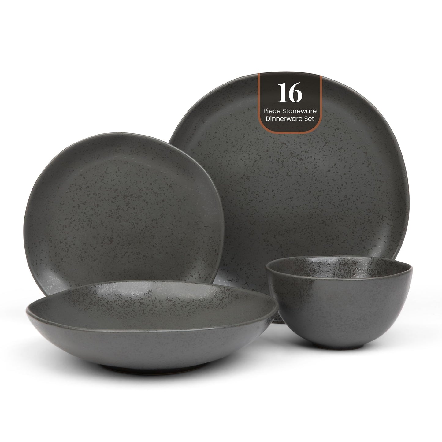 Trasa Home by Larder & Vine, Eco-Friendly High Fired Artisan Stoneware, Organic & Modern Dinnerware, 16 piece set, 4 place settings (Charcoal)