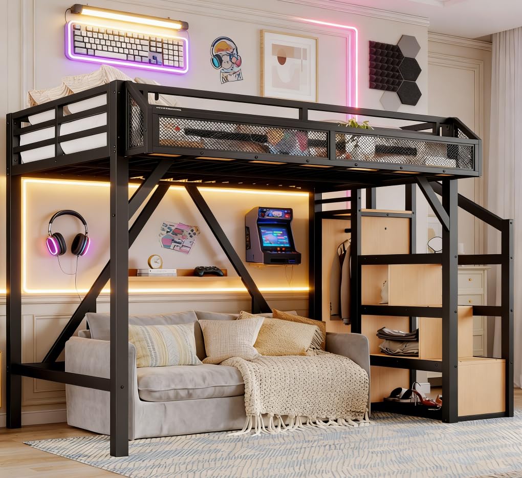 Bellemave Twin XL loft Bed with Storage Stairs, Wardrobe, Shelves, Metal Twin XL Size Loft Bed Frame for Adults, Kids, Teens, Black+Natural Wood